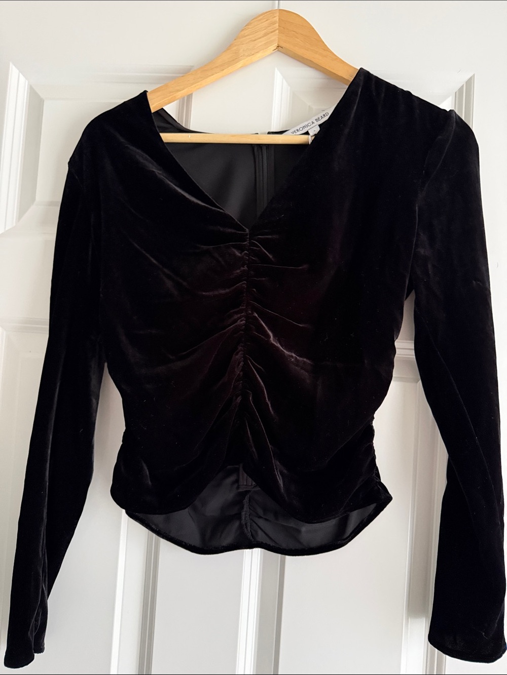 Veronica Beard Black Velvet Ruched V-Neck Long Sleeve Top